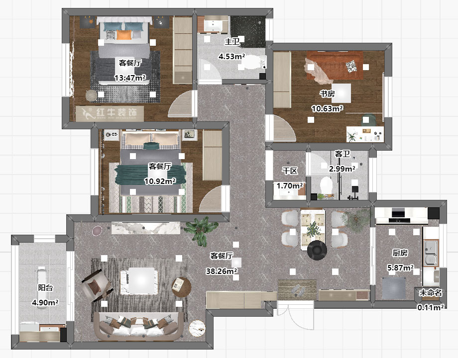 魏明花｜林景熙园4-302-117㎡-现代简约风格｜3室2厅2卫｜毛坯房装修｜定制家｜全包16